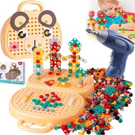 3+ Year Old Kids Drill and Screw Set 2D/3D Creativity Tool Box Gift for Boys and Girls Magic Montessori Play Toolbox Bear with Drill 203Pcs Montessori Toys - Color: Light Brown