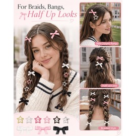 Bow Hair Clips, Star Hair Clips, 42 Piece Set with Mini Bowknot Barrettes, Pink Beige Black, Polyester and Stainless Steel, Y2K Accessories for Women Girls Thanksgiving Gifts, Pin beige black