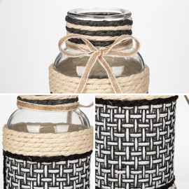 Hollyone 3Pcs Flower Vase Glass Vase with Cotton Rope Cover Woven Glass Vase Decorative Flower Bottle Modern Vase for Table Centerpiece Farmhouse Wedding Home Decor Black & White