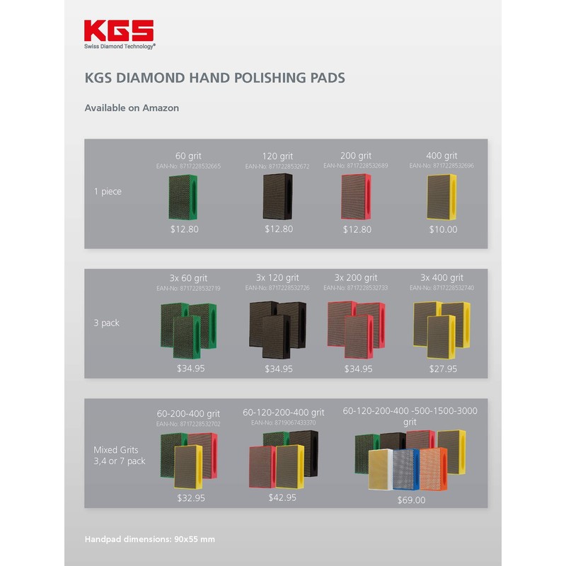 KGS PRO-PAD Diamond Hand Polishing Pads (3 Pack, Grit 1500