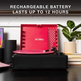 Victrola Revolution GO – Portable Vinyl Record Player, Battery-Powered Bluetooth Turntable, 12 Hour Battery Life, 3 Speed Belt-Driven Record Player, RCA Output, 3.5mm Headphone Jac (Pink)