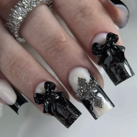 IMRAIN Medium Press on Nails Square Fake Nails Black French Tips False Nails with Bow & Cross Designs White Acrylic Glue on Nails Full Cover Gothic Squoval Stick on Nails for Women Girls