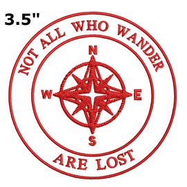 Not All Who Wander are Lost Compass 3.5" Red Embroidered Patch DIY Iron or Sew-on Decorative Souvenir Applique Wander Nature Wildlife Hike Trek Camping Explore Mountains Stars Moon National Park