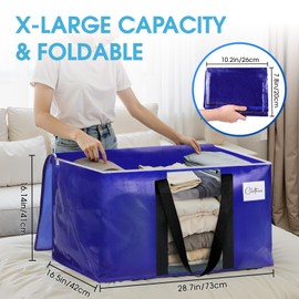 BlissTotes 4 Pack Moving Bags with Clear Window, Storage Bags with Strong Carrying Handles & Zippers,Large Packing Bags for Saving Space, Alternative to Moving Boxes(Blue,33 Gallon)