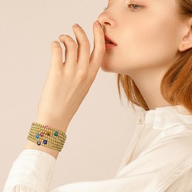 Agriajun Evil Eye Gold Stretch Beaded Stack Bracelet Set for Women, 7pcs Trendy Stackable Adjustable Colorful Gemstone eyes Beads Elastic Bracelet Friendship Holiday Fashion Jewelry Gift.