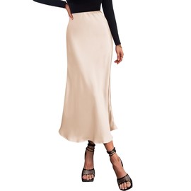 BTFBM 2025 Women Summer Spring Long Satin Skirt Silk Elegant High Waist Cocktail Party Wedding Flowy A-Line Midi Skirts(Solid Beige, X-Large)