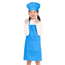 BIGHAS Kids Apron Chef Hat Adjustable Neck Strap Hook and Loop Fastener Design Waistband for Baking, Painting, Cooking ((3'11"-4'7") M, Blue)