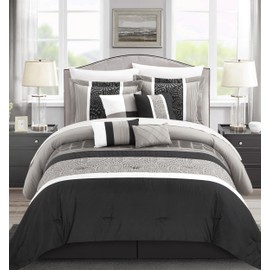 Chic Home Euphoria 8-Piece Embroidered Comforter Set Embroidery Pintuck Bed Skirt and Decorative Pillows Shams, Queen, Black