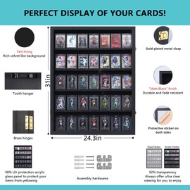 GUTAG Baseball Card Display Case - 35 Graded Sports Card Display Frame - Holds Sport Cards with UV Protection Clear View Lockable Wall Cabinet for Football Basketball Hockey Trading Card, Large Black