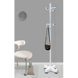 PRINCE HANGER Single-Pole Freestanding Coat Rack – 6 Rotating Hooks, Height Adjustable, Sturdy Metal Frame, 17-Inch Weighted Base – Space-Saving Modern Coat Stand for Home, Office, Entryway (White)