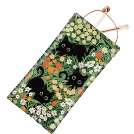 Vexilon Soft Glasses Case, Black with Flower Pattern Sunglasses Case, Floral Cat Design Eyeglass Cases, PU Leather Protective Pouch for Women Men