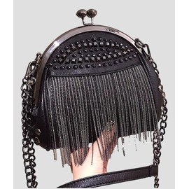 Ro Rox Tassel Shell Bag with Studs, Chain Strap, Fringe - Gothic Black Purse