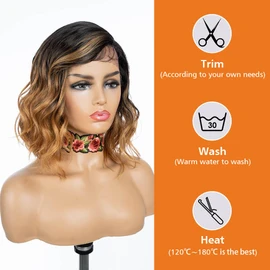 NOBLE Shoulder Length Side Part Lace Front Short Bob Wigs Brown Mixed Honey Blonde Body Wave Wigs Synthetic Heat Resistant Daily Party Wigs for Women