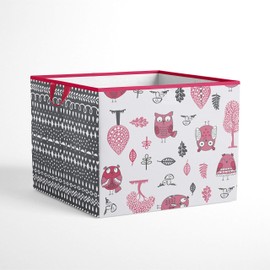 Bacati - Large Storage Tote Owls in the Woods Pink/Grey 14 X 14 X 10 inches