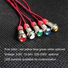 GUUZI 8mm LED Indicator Light 12-24V Waterproof Signal Light Metal Plate LED Indicator Signal Light Plate Mount Flat Head with Wires Silver Housing (White, 6 Pieces)