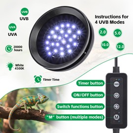 UVB Light for Reptiles with Dimming, LED UVB Light Bulb Fixture for Bearded Dragon Gecko Lizard Turtle Snake, Adjustable Brightness UVA UVB Lamp for Tropical & Desert Reptile Tank Accessories 8W Black
