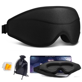 Eye Mask for Sleeping Light Blocking,Side Sleeper Women Men, 3D Contoured Cup Sleeping Mask, Soft Breathable Sleep Eye Mask with Adjustable Elastic Strap for Flight Nap，Black, with 2 Earplugs