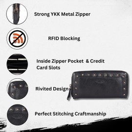 VILENCA HOLLAND Vintage Genuine Italian Leather Boho Studded Wallet – Zipper Coin Purse & Credit Card Holder for Women, Black, Sleek and Minimalist