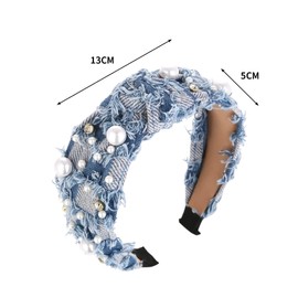 RUIFUU Blue Denim Knotted Headbands for Women,Non Slip Cute Pearl Knotted Headband,Rhinestone Embellished Hairband,Fashion Denim and Diamond Hair Band for Party Outfit Hair Hoop Accessories