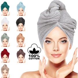 LUXURY Hair Towel Wrap 100% Cotton, Instant Drying Lightweight Turban Cap Super Quick Absorbent Anti-Frizz Twist Toweling Dry Hat with Button Loop for Long Curly Hairs, 62CM x 23CM Silver Pair