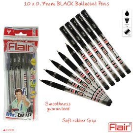 Flair Ballpoint Pens, BLACK, Pack of 10, Fine Point (0.7 mm), Mr Grip Everyday Ball Pens, Soft Rubber Grip