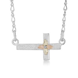 Black Hills Gold Sideways Cross Necklace in Sterling Silver, 12K Gold Leaves
