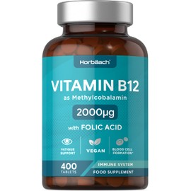 Vitamin B12 Complex 2000ug | 400 Vegan Tablets High Strength | with Folic Acid | by Horbaach
