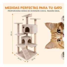 Casa Mueble Rascador Para Gato Multinivel Torre Poste Hamaca Color Beige 135cm