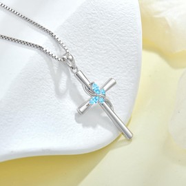 Vemhel Women's Cross Necklace 925 Sterling Silver Mini Butterfly Pendant Created Aquamarine Women for Jewelry