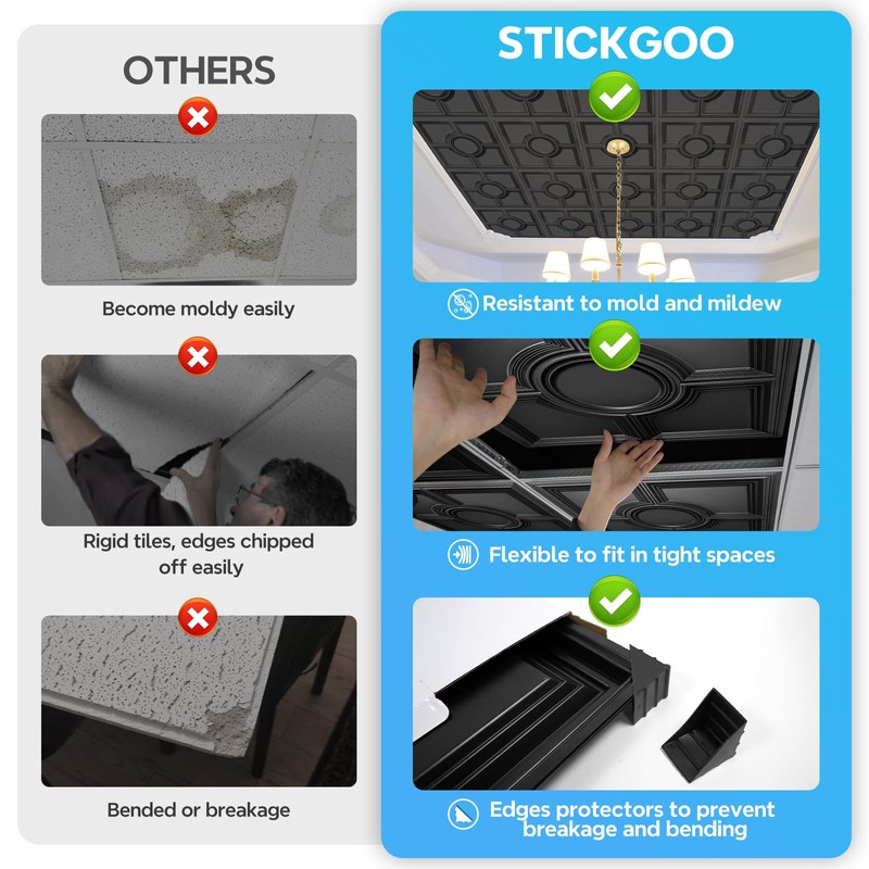 STICKGOO Black Drop Ceiling Tiles 2ft x 2ft, Glue Up