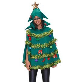 Christmas Tree Poncho Costume Hooded Cape Cloak Cape Bow Ball Tinsel Hairballs Decor Green Xmas Party Tree Poncho (A-Green, S)
