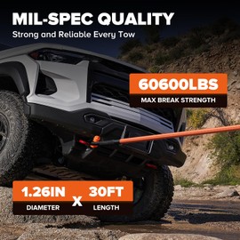 Kinetic Recovery Rope,1.26" x30ft Heavy Duty Offroad Tow Rope/60600 lbs Snatch Strap with Soft Shackles, 100% Nylon Offroad Towing Straps Kit for Truck ATV UTV SUV Jeep Car Tractor - Black