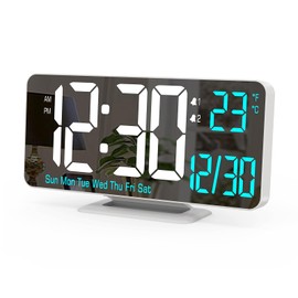 KOSUMOSU Digital LED Clock Alarm Clock for Bedroom 6.7 Inch White Table Clock Dimmable/12/24 Hours/Date/Day/Temperature Bedside LED Clocks, Dual Alarm Clocks for Living Room