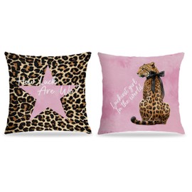 FITIE Trendy Pink Star Leopard Pillow Covers 18x18, Cheetah Print Room Decor, Funky Preppy Coquette Bow Leopard Star Decorative Throw Pillow Covers for Girls Bedroom Apartment Home, Set of 2