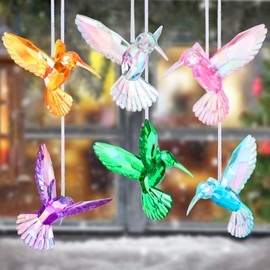 Qunclay 6 Pcs Hummingbird Hanging Ornaments Acrylic Crystal Hummingbird Suncatchers Decor Shiny Iridescent Hummingbird Figurines Hanging for Trees Decorations Party Favor
