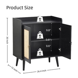 FONTOI Buffet Cabinet, Rattan Storage Cabinet with Round Pull Rings, Sideboard with Ample Storage, Bar Liquor Shelf with 2 Doors for Living Room, Hallway, Black