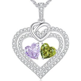 LOUISA SECRET Sparkling Double Heart Birthstone Necklace Gifts for Women, 925 Sterling Silver Fine Jewelry, Pendant Heart Necklace Birthday Anniversary Christmas Gift for Women Wife Mom Girlfriend
