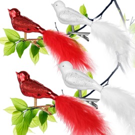 Christmas Tree Decorations Birds Glass, 4 Pieces Christmas Tree Decoration White and Red Bird with Feathers, UNOLIGA Cute Christmas Tree Decoration Artificial Glass Birds with Clip (2023 Improved