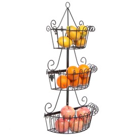 MyGift 3 Tier Hanging Fruit Basket and Produce Vegetable Storage Rack, Black Metal Scrollwork Wall Mounted Sturdy Organizer Bin for Kitchen or Pantry