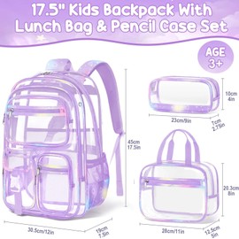 Fimibuke Clear Backpack for Girls, 3PCS Heavy Duty PVC Transparent Girls Backpack with Lunch Box & Pencil Case School Stadium Approved Cute Toddler School Bookbag for Preschool Kindergarten Elementary