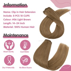 S-noilite 8Pcs Clip in Hair Extensions Light Brown Real Full Head Long Human Hair Clip in Hair Extensions Invisible Silky Straight 8Pcs 18 Clips in Hair Piece (16 Inch,#06)