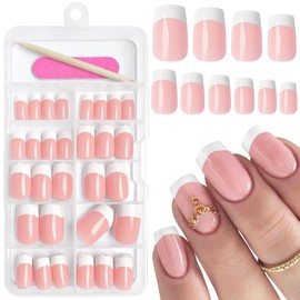 AddFavor French Press on Nails Short Square Fake Nails, 120pcs White French Tips Press on Nails Gel Glossy Nude Nails Press on Artificial False Nail with Adhesive Tab for Women Girls