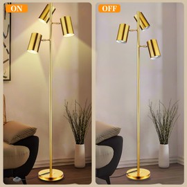 Tree Floor Lamp with 3 Light Bulbs,Gold Standing Tall Pole Lamp with 3 Adjustable Rotating Lights,Farmhouse Floor Lamp for Living Room Bedroom Office,Vintage Standing Lamp 9W E26 LED Bulbs Included