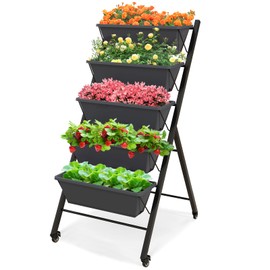 Giantex Vertical Raised Garden Bed on Wheels, Elevated Planter Raised Beds with Water Drainage, Freestanding 5 Container Boxes for Vegetables and Flowers Growing, Outdoor Indoor Patio Balcony