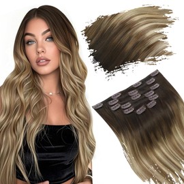 Ugeat Balayage Clip in Hair Extensions Human Hair Dark Brown to Bleach Blonde Mix Brown Clip in Extensions Full Head 16 Inch Brown Human Hair Extensions Easy to Wear 7pcs 120g