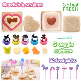 GET FRESH Sandwich-Ausstecher und Versiegler für Kinder – 20-stuk Sandwich-Ausstecher Gemüseausstecher Set – 2 Brotausstecher und versiegeler mit 5 Gemüseformen und 12 Einhorn-Nahrungsmittel Picks
