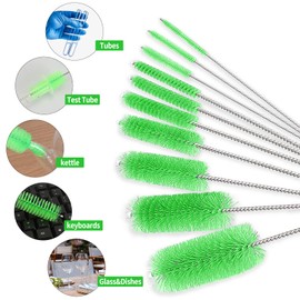 CiaraQ Bottle Cleaning Brushes, 8 Inch Nylon Tube Brush Set, Cleaner for Narrow Neck Bottles Cups with Hook, Set of 10pcs. Green