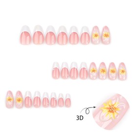 24Pcs French White Press on Nails Medium Almond Fake Nails with 3D Sunflower Flower Design French Nails Press ons Handmade Almond Shape Cute Stick on Nails Pearl Nails for Women Daily Wear