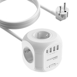 RealPower Mehrfachsteckdose mit USB, 4Fach Stecker mit 3 USB und 1 USB C, Cube Steckdosenleiste, 15 Watt Ladegerät mit Überspannungsschutz und Schalter. Für Zuhause und Büro, 1.8m Kabel - Weiß