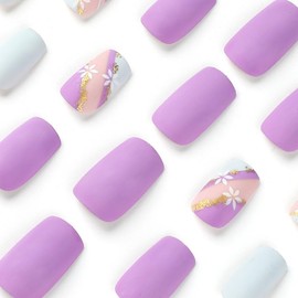 Purple Press on Nails Flower Fake Nails Short Square False Nails with Design Gold Glitter Glue on Nails Glossy Acrylic Full Cover Spring Stick on Nails for Women Girls Manicure 24Pcs